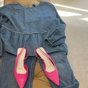Universal Thread Blue Chambray Peasant Blouse with Pink Accent Shoes in Photo